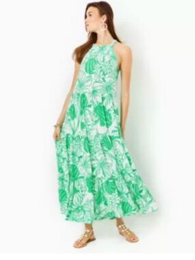 Lilly Pulitzer White and Green Tropical Halter Maxi Dress